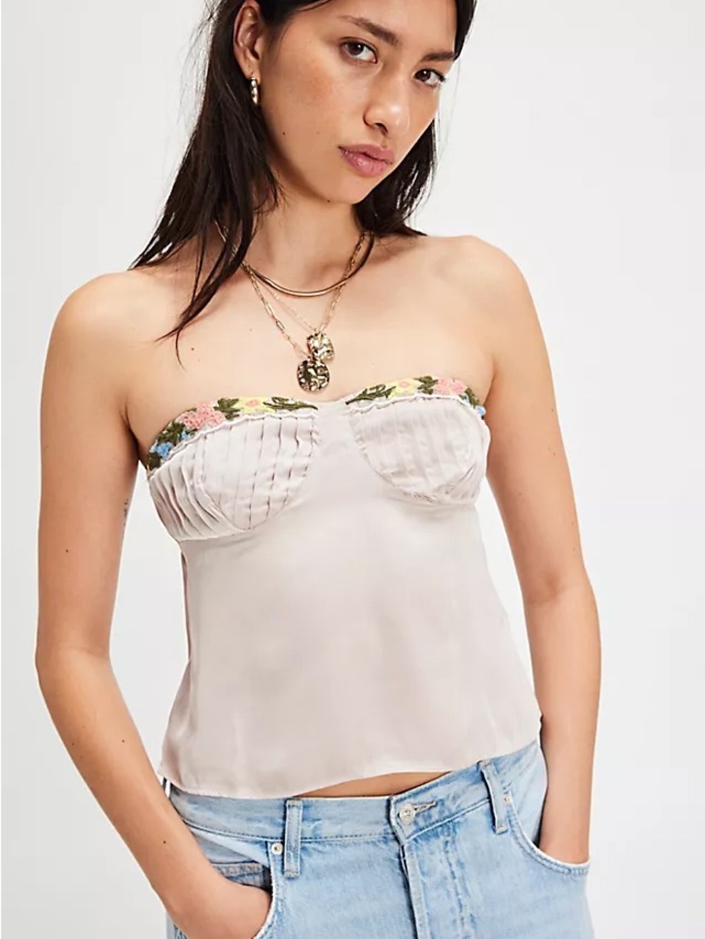 Free People Cream Strapless Embroidered Bustier Cami